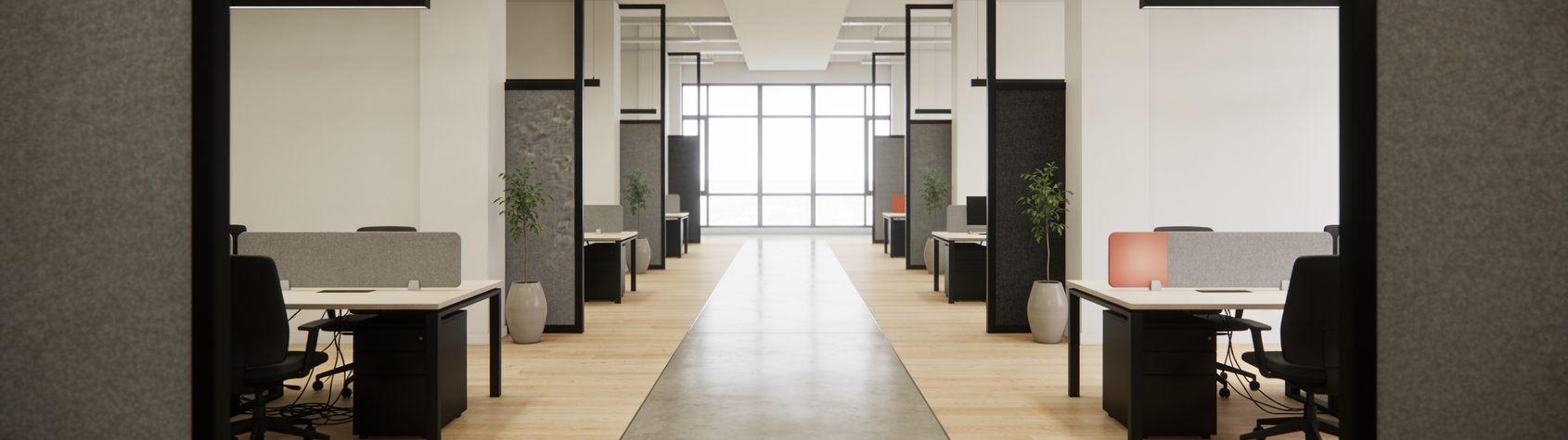 Blick durch den Mittelgang einer Bürofläche mit Arbeitsplatzgruppen links und rechts