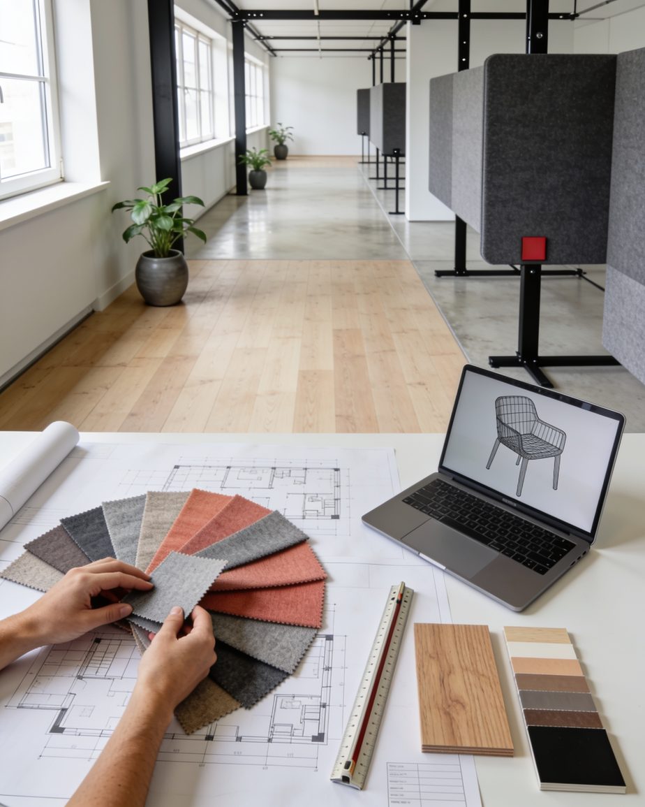 Planungstisch mit Grundrissen, Stoffmusterfächer und einem Notebook mit 3D-Drahtmodell